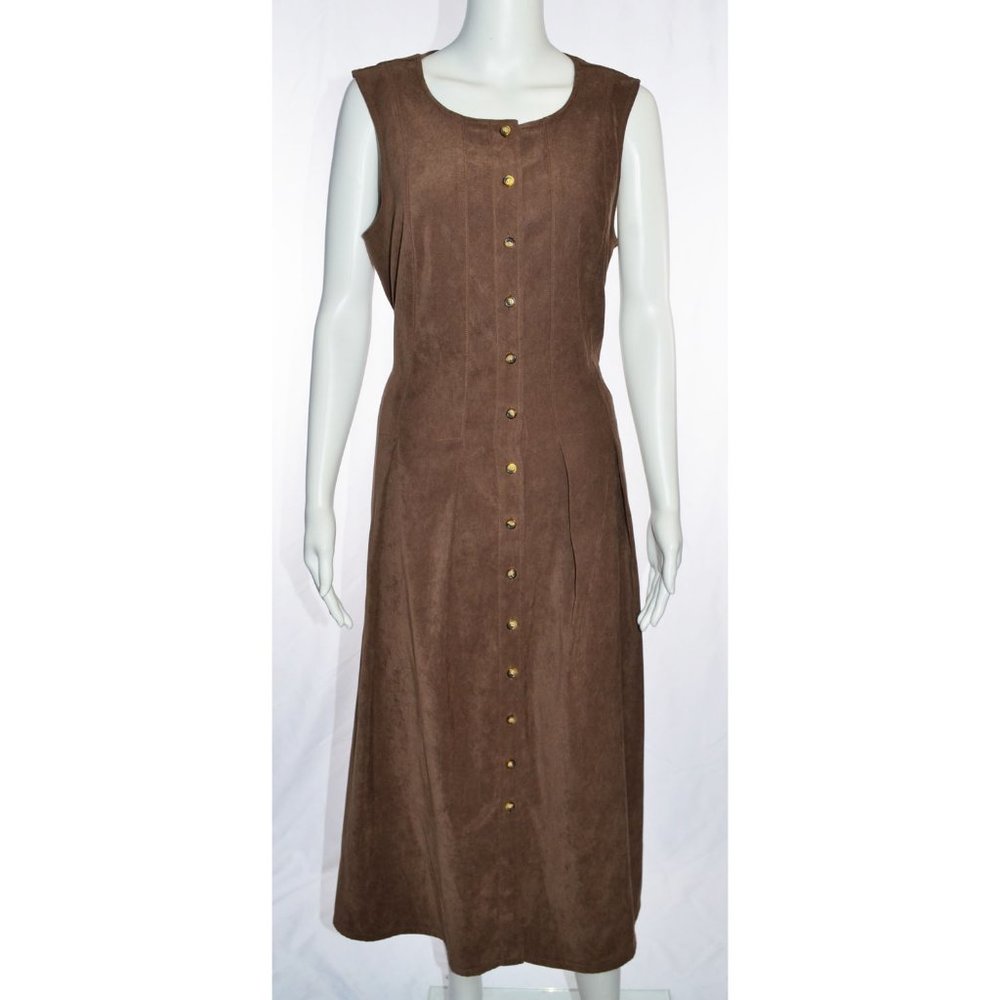 Orvis Microsuede Vegan Sleeveless Button Front Tie Back Maxi Dress Brown Size 12